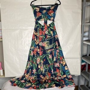 Navy Tropical Floral Strapless Maxi Dress